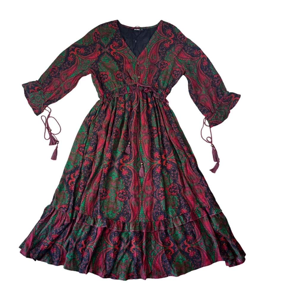 Zudio Womens Red Green Paisley Boho Midi Dress V-Neck Tassel Tie Waist Size S